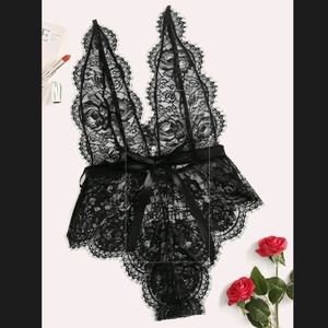 Plus Size Floral Lace Teddy Bodysuit with Belt